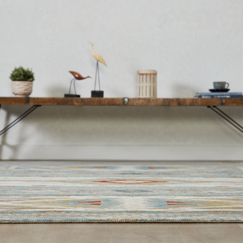 Sundance Mesa Weathered Ivory Teal Wool Hand Crafted Area Rug, Rectangle 12' x 15'
