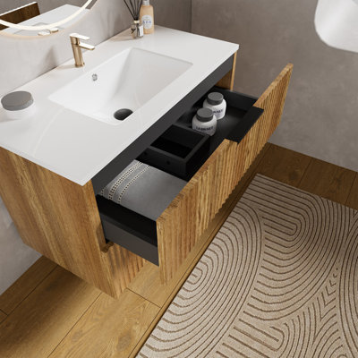 Ensemble de meuble-lavabo mural simple flottant 30 po et 36 po avec lavabo en céramique intégré blanc et tiroirs cannelés verticaux (quincaillerie incluse)