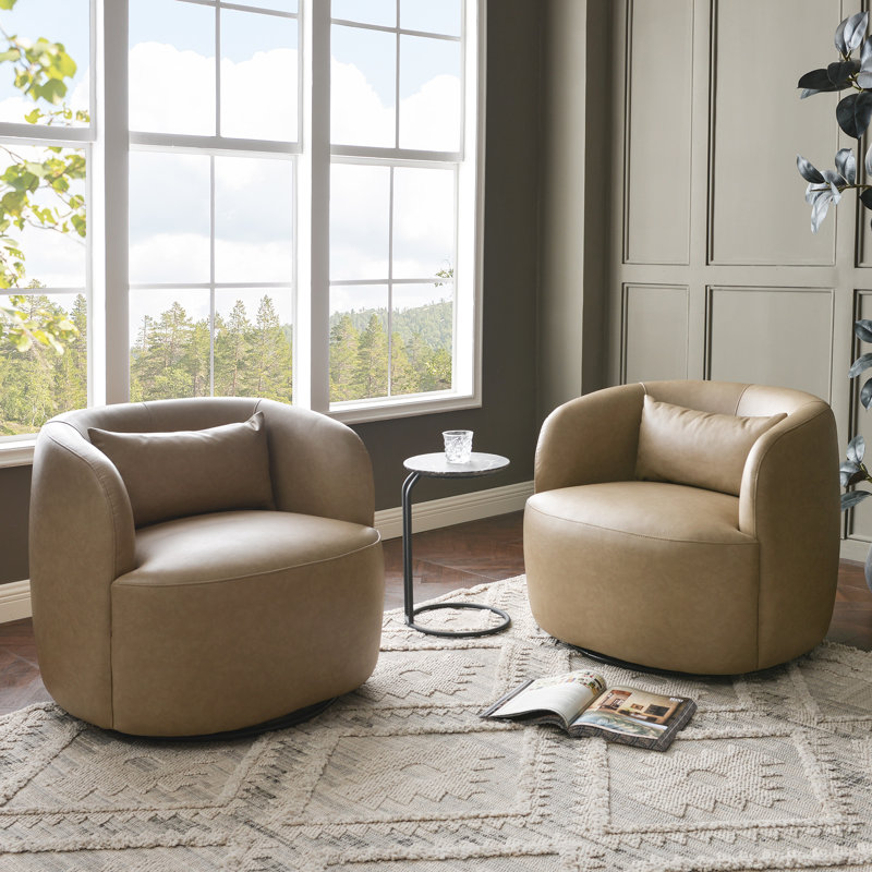 Bruschi 34" Wide Modern Faux Leather Upholstered Swivel Armchair (Set Of 2), Khaki
