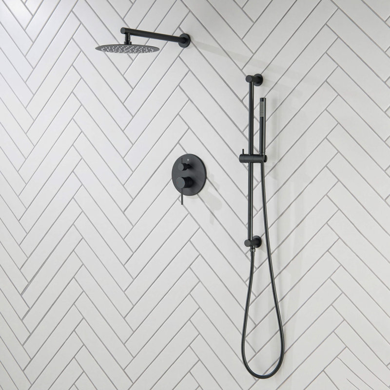 Ensemble de robinet de douche circulaire à pression équilibrée 2 fonctions avec barre coulissante, Noir mat