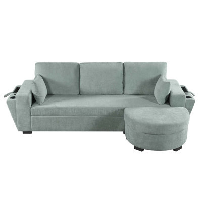 Canapé d'angle avec pouf de rangement, ports USB et porte-gobelets