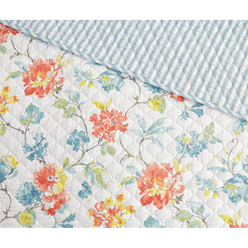 Full Blue Cotton Reversible Floral Quilt Set