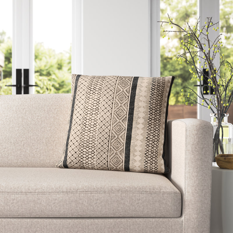 Zetta Geometric Cotton Throw Pillow, Down, Light Beige/Black, 20" x 20"