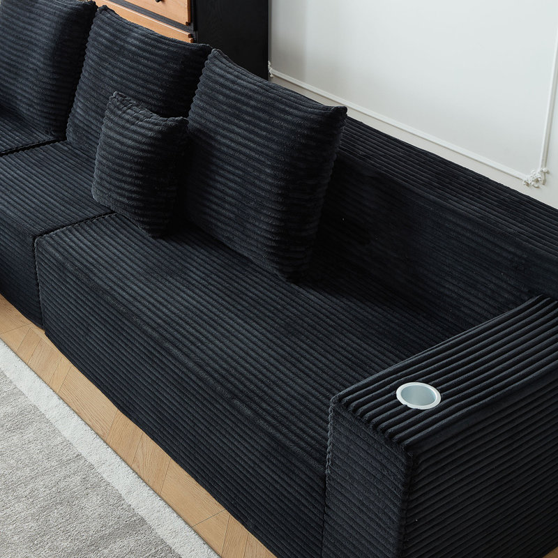 Canapé modulaire profond en velours côtelé avec porte-gobelets, aucun assemblage requis, Noir