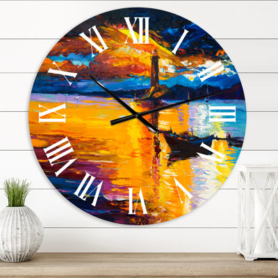 Petit bateau au phare au coucher du soleil - Horloge murale nautique et côtière