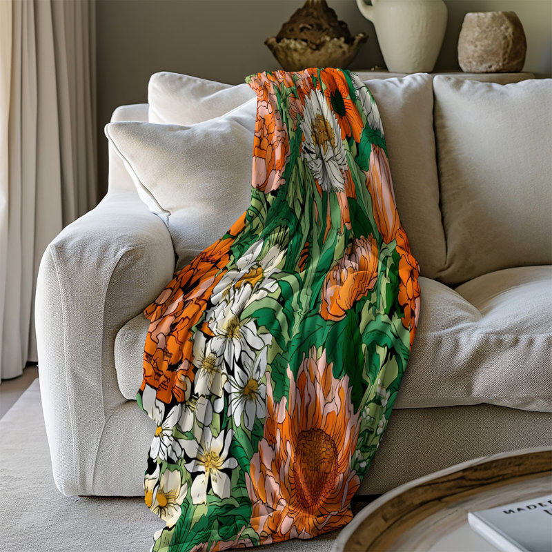 Mod - motif floral orange - couverture en sherpa de qualité supérieure - reproduction d'art luxueuse, l 60 po x L 80 po