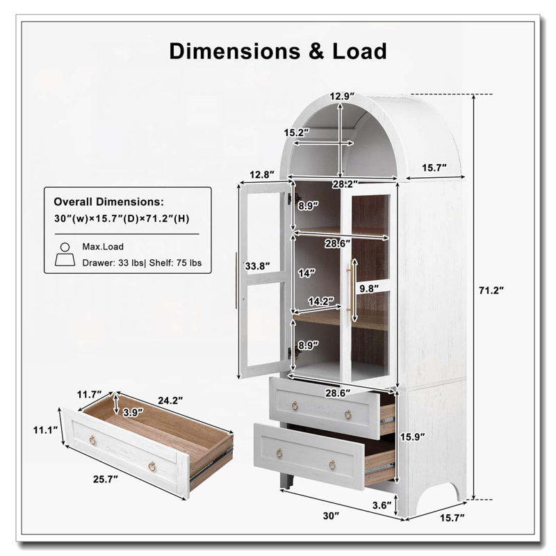 Armoire de cuisine avec 2 grands tiroirs, tablettes réglables, Blanc