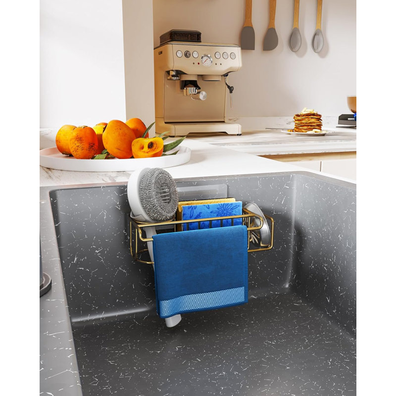 Porte-éponge d'évier de cuisine antirouille avec brosse et organisateur de serviettes, installation sans perceuse, conception en acier inoxydable pour un drainage rapide et un gain de place