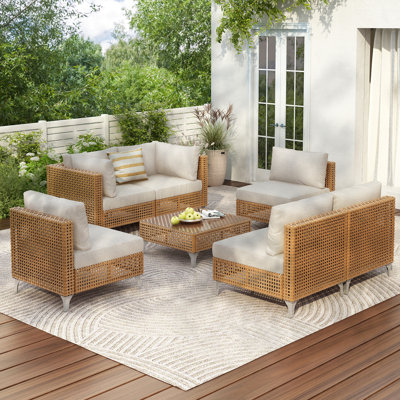 Ensemble de meubles de patio 7 pièces en osier, ensemble de conversation pour canapé modulaire avec coussins épais résistants à l'eau et table basse pour canapé d'extérieur, porche, cour arrière