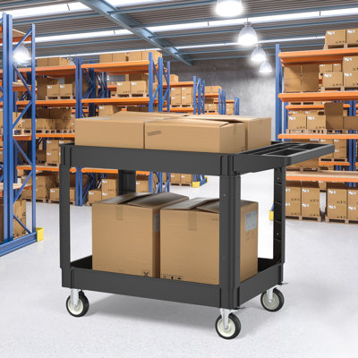 Chariot utilitaire robuste avec roues, chariot à outils roulant avec poignée de rangement ergonomique et tablettes profondes, chariot de service en plastique à 2 niveaux pour le garage, l'entrepôt, l'atelier et le nettoyage