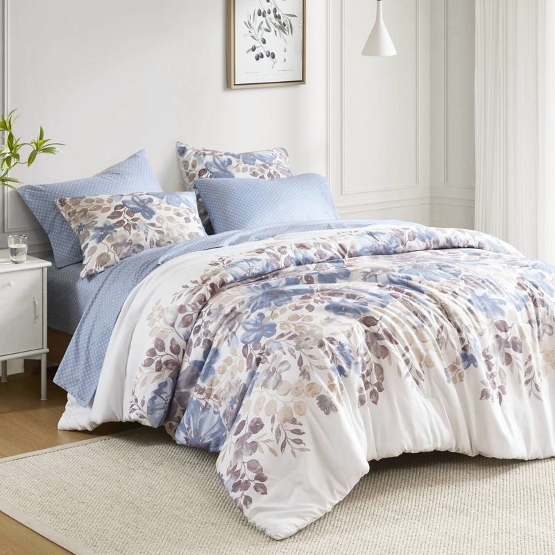 Literie pleine fleur bleue, édredon avec 2 taies décoratives, draps, drap-housse de meilleure couverture et rembourrage, 85,07 po de profondeur, lavable en machine