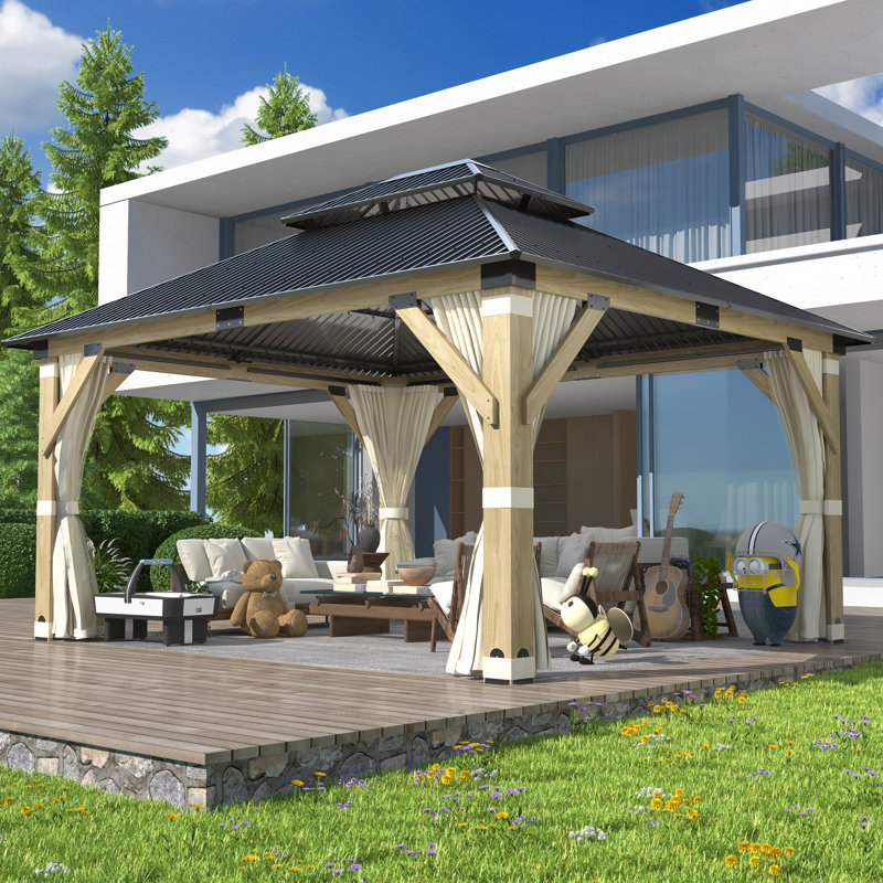 Toit-terrasse en acier galvanisé avec rideaux et filets pour l'extérieur en bois de cèdre l 15 pi x P 13 pi