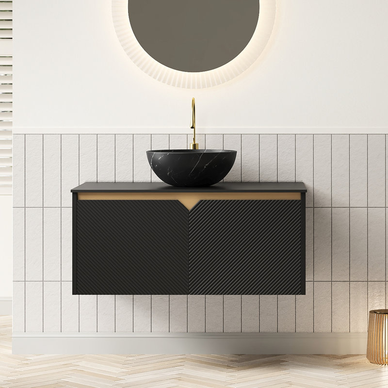 Meuble-lavabo de 36 po avec plateau en pierre frittée noire, armoire de rangement en contreplaqué flottant, garniture en métal à deux portes en sergé, motif de cuve en céramique bol, meuble-lavabo à mécanisme de fermeture en douceur, armoire avec système