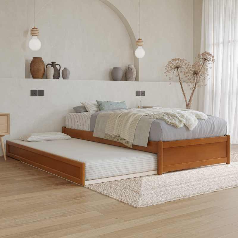 Lit plateforme en bois massif avec lit gigogne assorti Lamariah, Très grand simple, Caramel clair