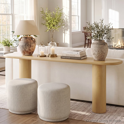 70" Oak Console Table Set with 2 Upholstered Round Ottomans