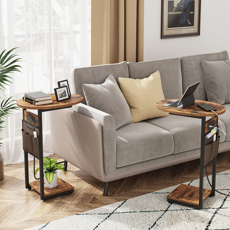 C Shaped End Table with Charging Station, Rustic Brown