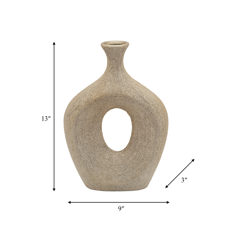 Vannorman Ceramic Sculptural Cut-Out Table Vase , Beaded Champagne, 13"H x 9"W x 3"D