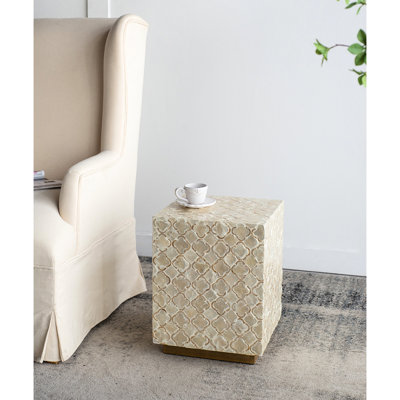 14x14x18 Inches Cream Stool With Diamond Shaped Designs And Brass Base, Indoor Use Only