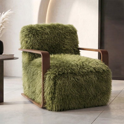 28" Wide Mid-Century Modern Accent Chair with Faux Fur and Curve Wooden Arms, for Living Room, Bedroom, Green
