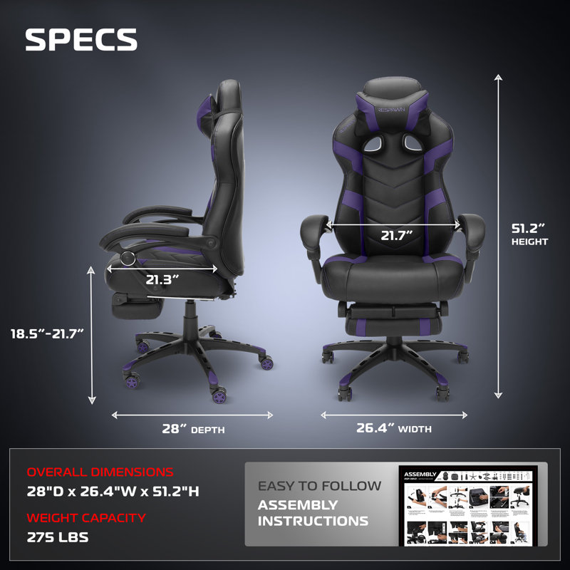 RESPAWN 110 Pro Ergonomic Gaming Chair with Footrest for Adults - Comfortable Office Gaming Recliner with Lumbar Support and Headrest, Racing Style Video Game Chairs for Computer Gamer