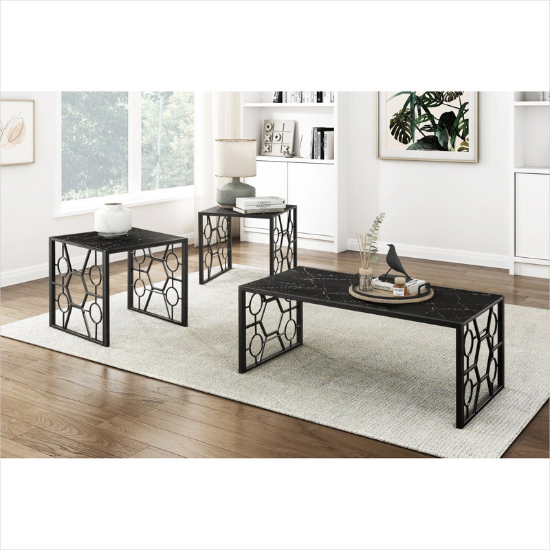 Ensemble de tables basses avec plateau en verre trempé à imprimé marbre et base en métal noir foncé, ensemble de 3 tables d'appoint