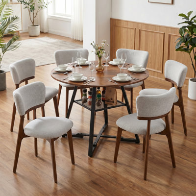 Ameah Industrial Round 47in Rust Brown Dining Table & 6-piece Light Gray Upholstered Solid Wood Dining Chair, Fixed Kitchen Table With Mesh Storage Shelf And Cross Legs For Dining, Family Gathering