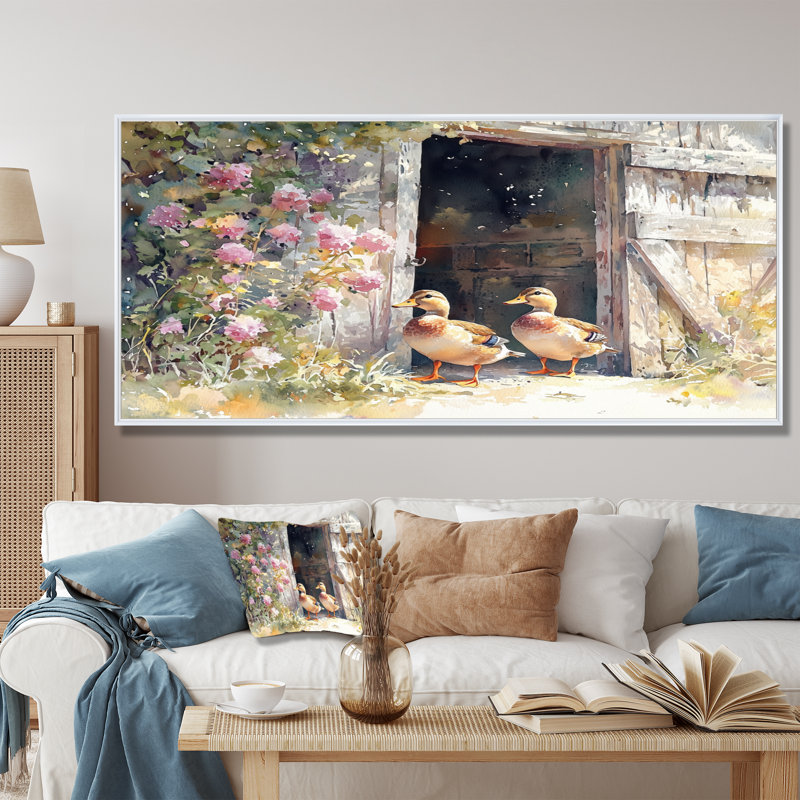«Ducks Portrait At The Farm III», art mural animaux, H 28 po x l 60 po, Impression encadrée flottante, Blanc