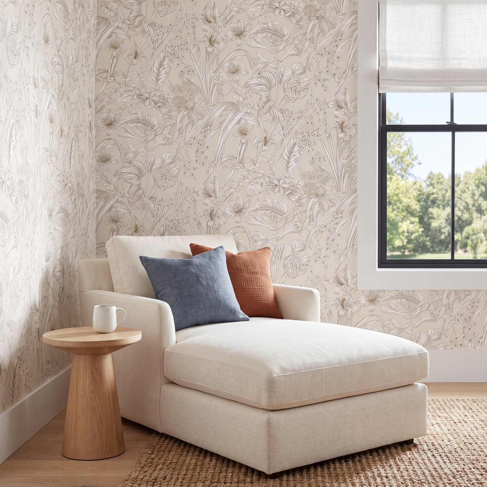 Conservatory Toile Floral,Solids Wallpaper, Beige & Taupe