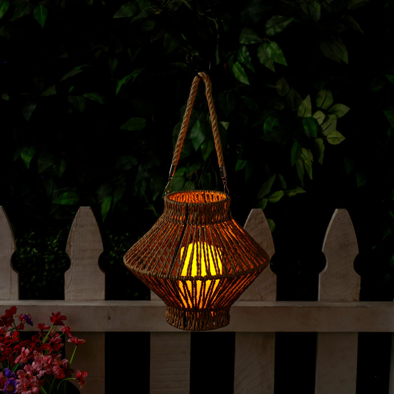 Hanging Woven Lantern with LED Candle and Timer, Boho Home Decor, 9"H, Beige