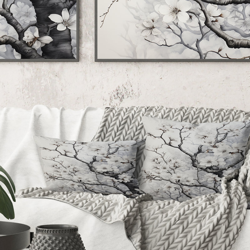 Grey White Tree Graphite Whispers I - Trees Printed Throw Pillow