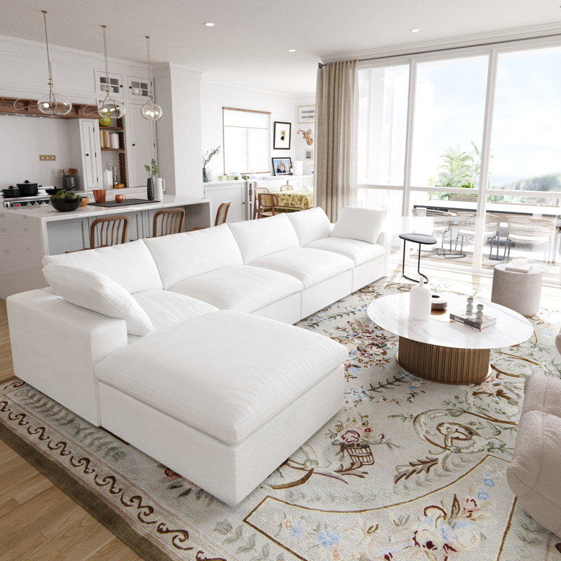 Kenda 5-Piece Upholstered Modern Linen Slipcovered Sectional Sofa With Ottoman, White Linen