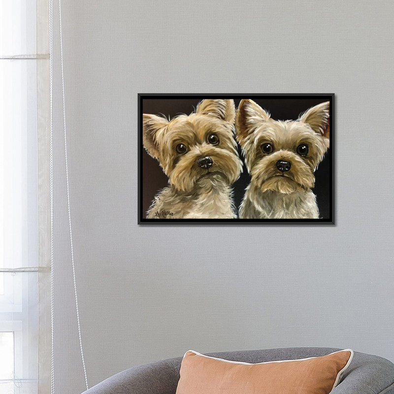 Hippie Hound Studios " Two Yorkies " by Hippie Hound Studios, 18" H x 26" W x 1.5" D, Black Framed Canvas