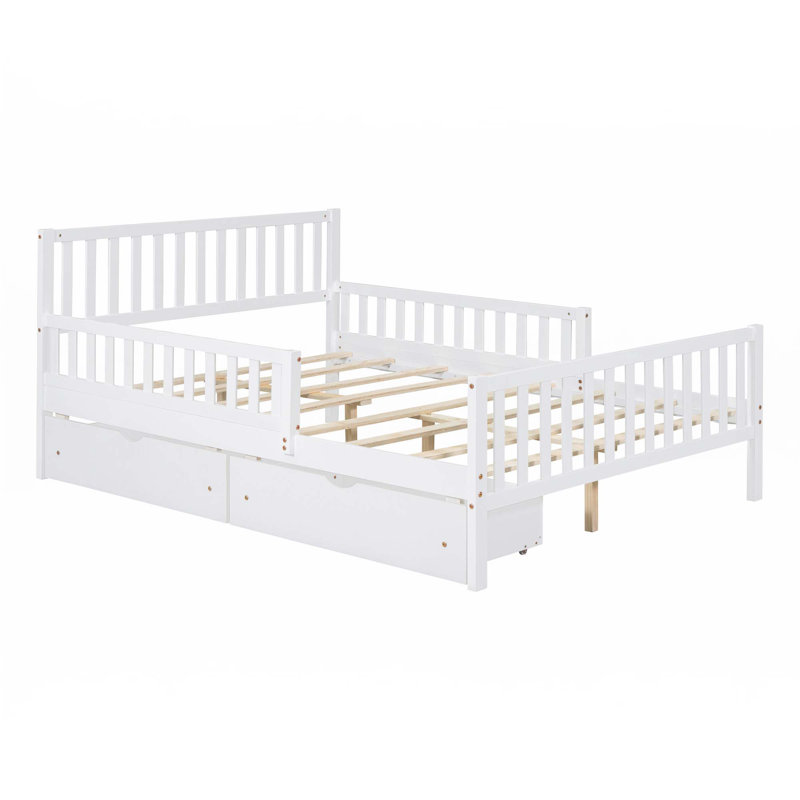 Lit plateforme en bois avec garde-corps des deux côtés et deux tiroirs de rangement, Double, Blanc