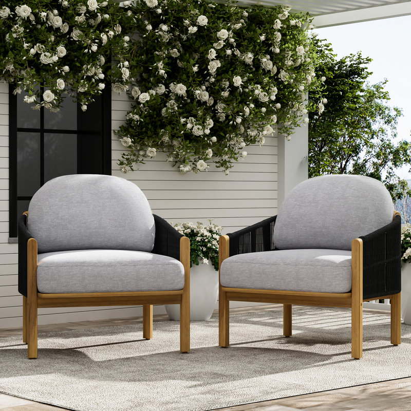 Fauteuils de jardin en bois, 2 pièces, corde gris foncé, coussins, confortables pour se détendre, soutien du corps
