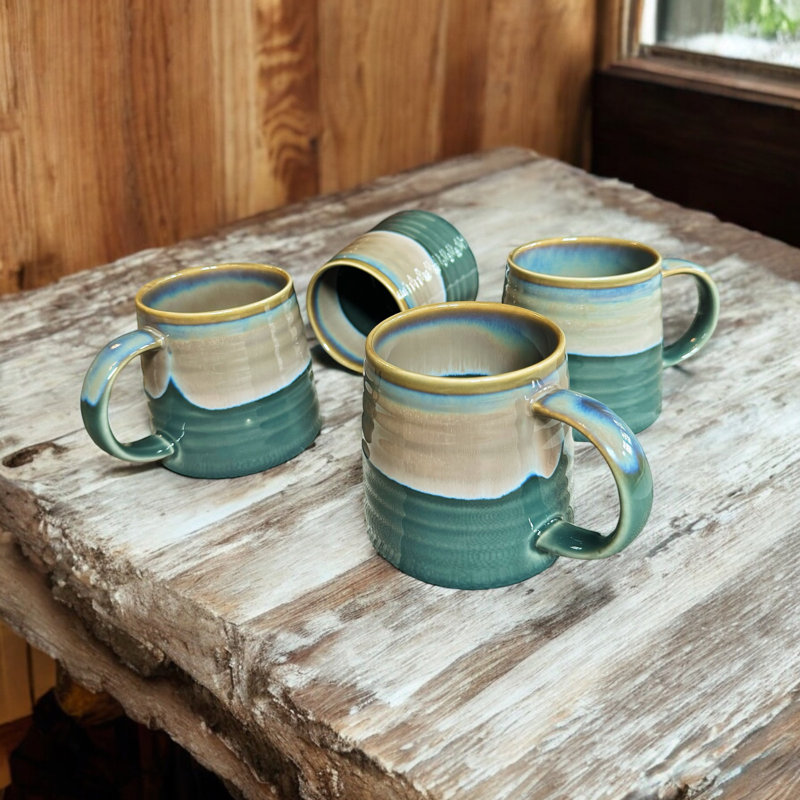 Stoneware Coffee Mug With Blue Reactive Glaze Gijsbert Gift Set of 4, Dark Green Grey