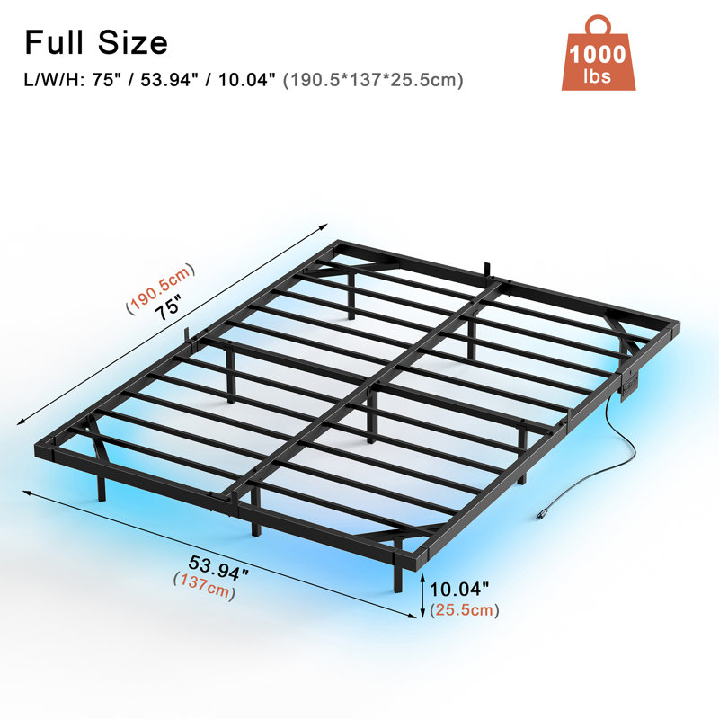 Zoller Floating Bed Frame with LED & Charging Station, Modern Metal Platform Bed, No Box Spring Needed, Full