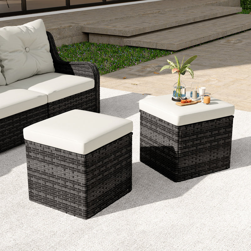 Repose-pieds de patio extérieur en osier PE Bellamy Stylish, Beige, Gris / Brun