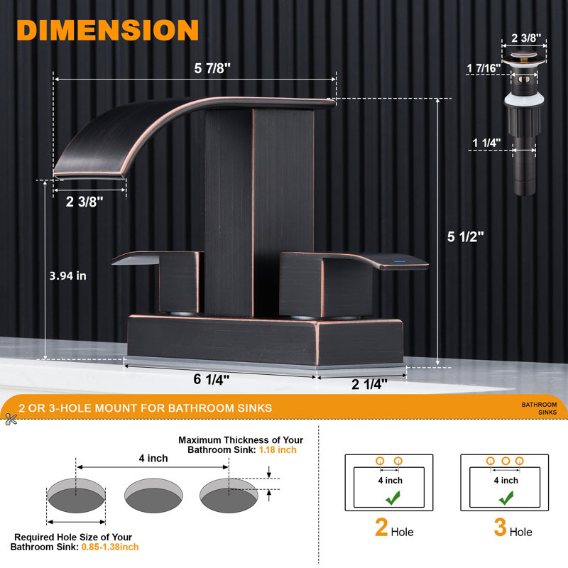 4-inch Centerset Double Handle Waterfall Bathroom Sink Faucet with Drain Kit Included, Oil Rubbed Bronze