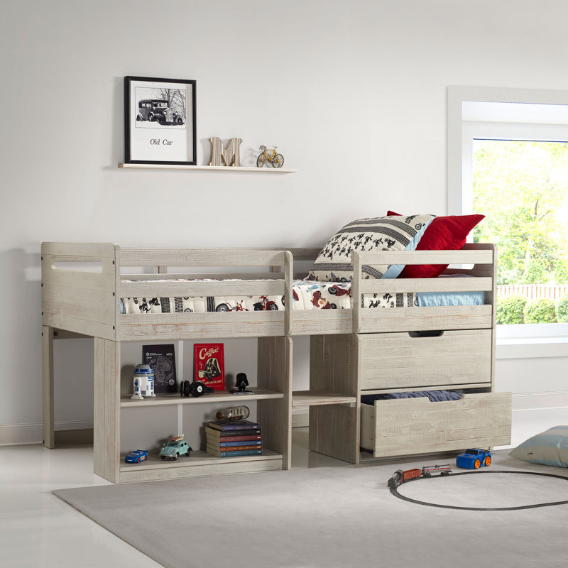 Mererid Twin Platform Loft Bed with Bookcase by Harriet Bee, Rustic Light Grey