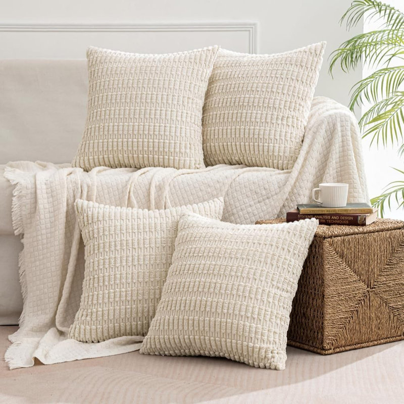 Ensemble de 4 housses de coussin décoratif en velours côtelé blanc crème de 18 po x 18 po Boho, housses de coussin rayées et modernes, décor de maison de campagne pour canapé-lit de salon