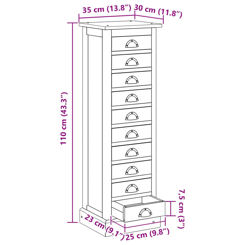 35cm W Chest of Drawers, 110cm H x 35cm W x 30cm D