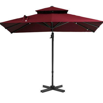 Red 10ft Offset Patio Umbrella - Hanging Cantilever, 360-degree Rotation, Tilt Function, Aluminum Base For Turkey Festival Umbrella, 360 Rotatable, Tilt, Square, Outdoor Decoration