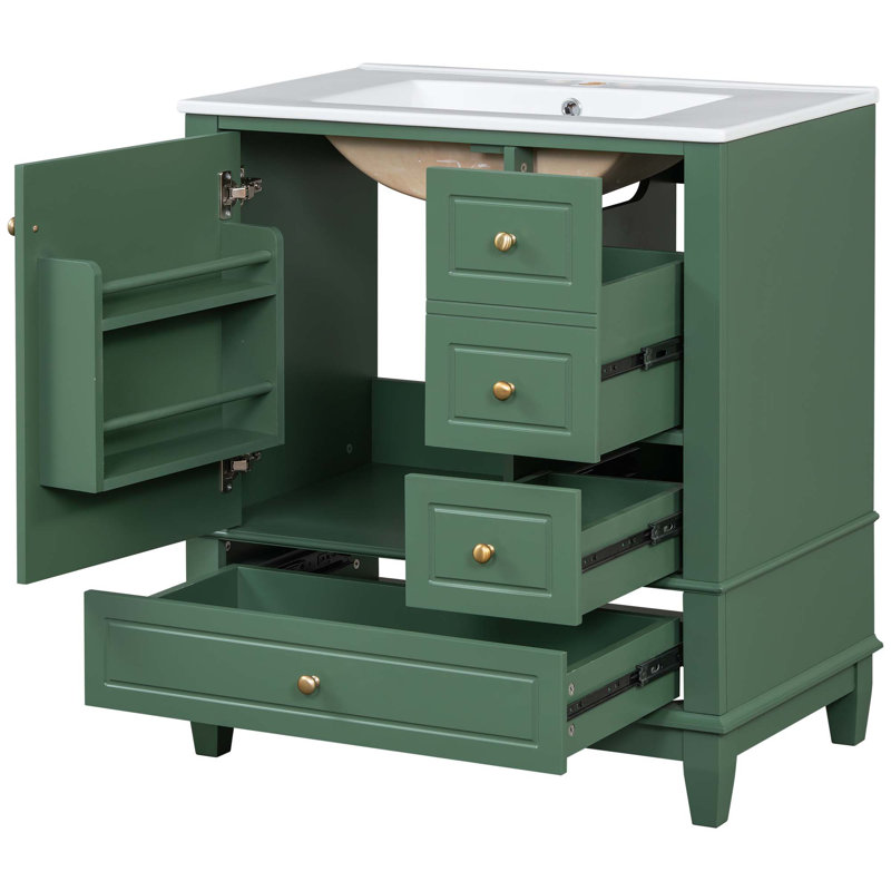 Meuble-lavabo 30 po avec lavabo, une porte avec tablette et trois tiroirs, porte à fermeture en douceur, Vert/doré