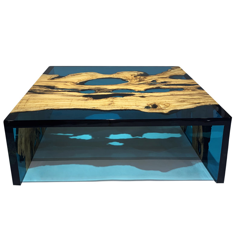 Coffee Table, 13.7'' H x 39.4" L x 39.4" W, Blue/Natural Wood