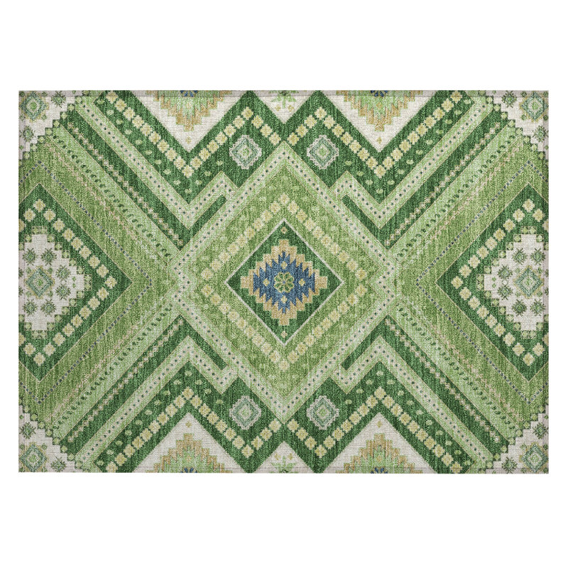Green Tribal Pattern Machine Washable Indoor/Outdoor Rug