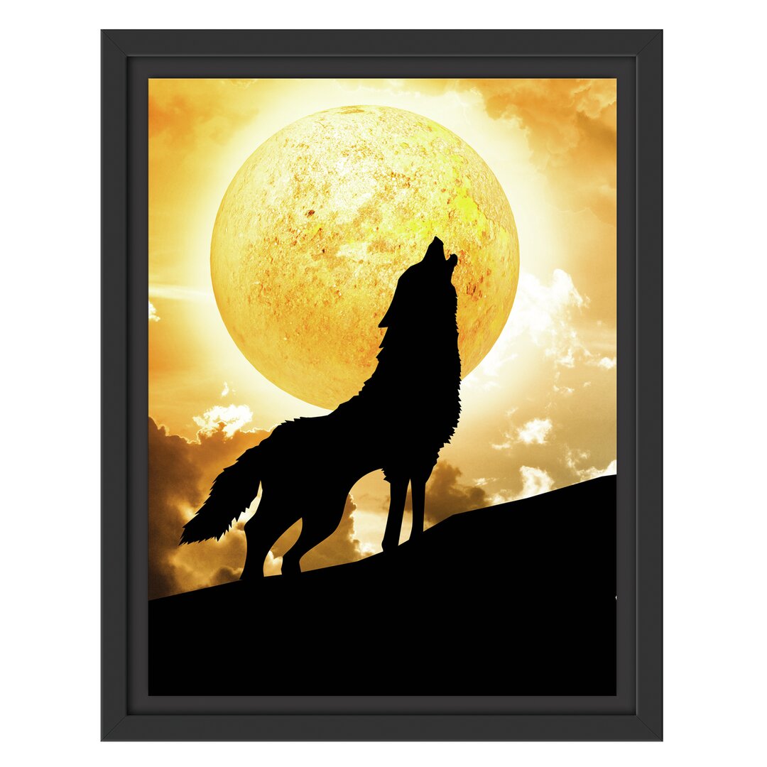 Gerahmtes Wandbild Wolf heult Mond an