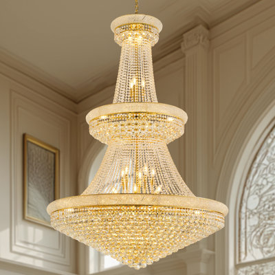 Lustre en cristal 48 po Grand Empire, luminaire doré à 3 niveaux avec boules de cristal en cascade pour vestibule, escalier, entrée, salon et grande salle