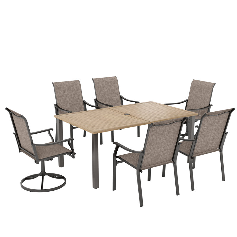 6-Person Rectangle Powder-Coated Outdoor Patio Dining Set Wood-Like Metal Table With Swivel Sling Chairs