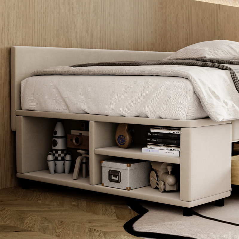 Lit plateforme tapissier luxueux simple beige avec tiroirs de rangement en velours et pièce latérale attrayante et fonctionnelle