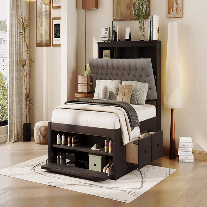 Base de lit plateforme en bois grand, tête de lit, étagère à chaussures, 4 tiroirs, Brun